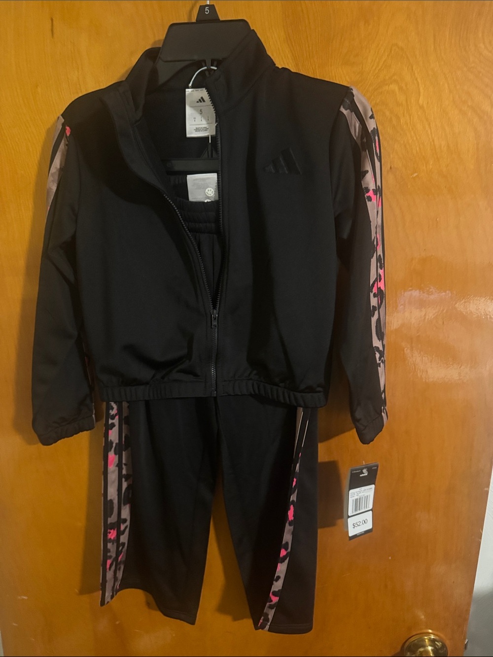 Adidas Track Jacket Joggers Set Girls 5 Black Leopard Trim XS